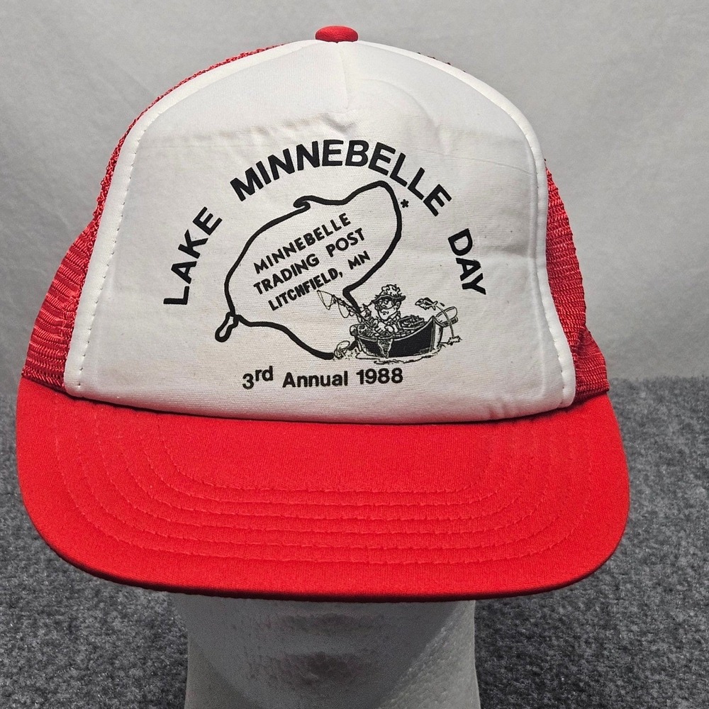 Vintage Lake Minnebelle Day Trucker Hat M L Red White 1988 Cap 80s MInnesota